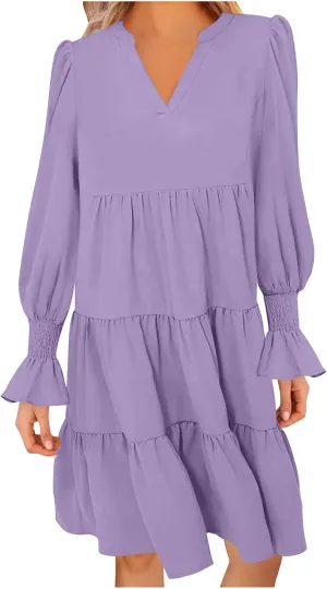 Womens Fall Dresses Causal Dressy Long Sleeve V Neck Tiered Pleated Ruffle Dress Elegant Sexy Work Solid Mini Dress