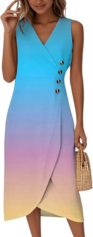 Women's Floral Dresses Sleeveless V Neck Button Solid Color Summer Boho Beach Tunic Trendy Sundresses, S-2XL