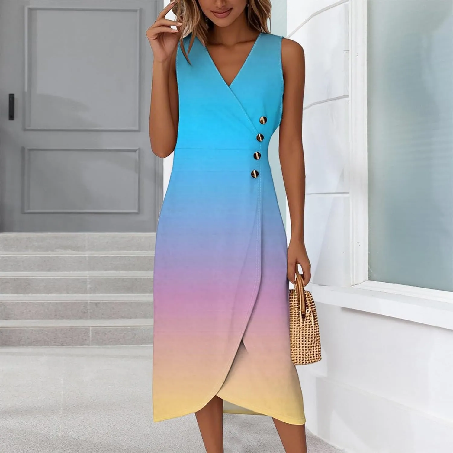 Women's Floral Dresses Sleeveless V Neck Button Solid Color Summer Boho Beach Tunic Trendy Sundresses, S-2XL