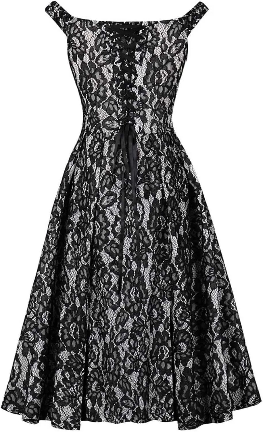 Women's Floral Lace Midi Sundress Summer Sleeveless Dresses Criss Cross Tie-Back Boat-Neck Flowy Cocktail Party Dress