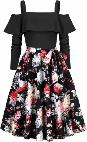 Women's Hepburn Floral Print Dress Long Sleeve Off-Shoulder Dresses Ruffles Patchwork Cocktail Party Evening Gown
