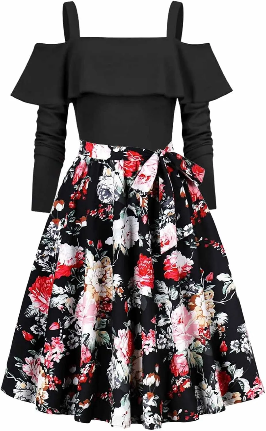 Women's Hepburn Floral Print Dress Long Sleeve Off-Shoulder Dresses Ruffles Patchwork Cocktail Party Evening Gown