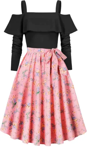 Women's Hepburn Floral Print Dress Long Sleeve Off-Shoulder Dresses Ruffles Patchwork Cocktail Party Evening Gown