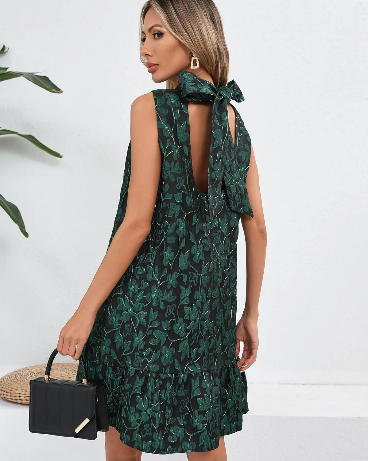 Women's Jacquard Tie Back Mini Swing Dress Mock Neck Sleeveless Ruffle Hem A-line Party Cocktail Dresses