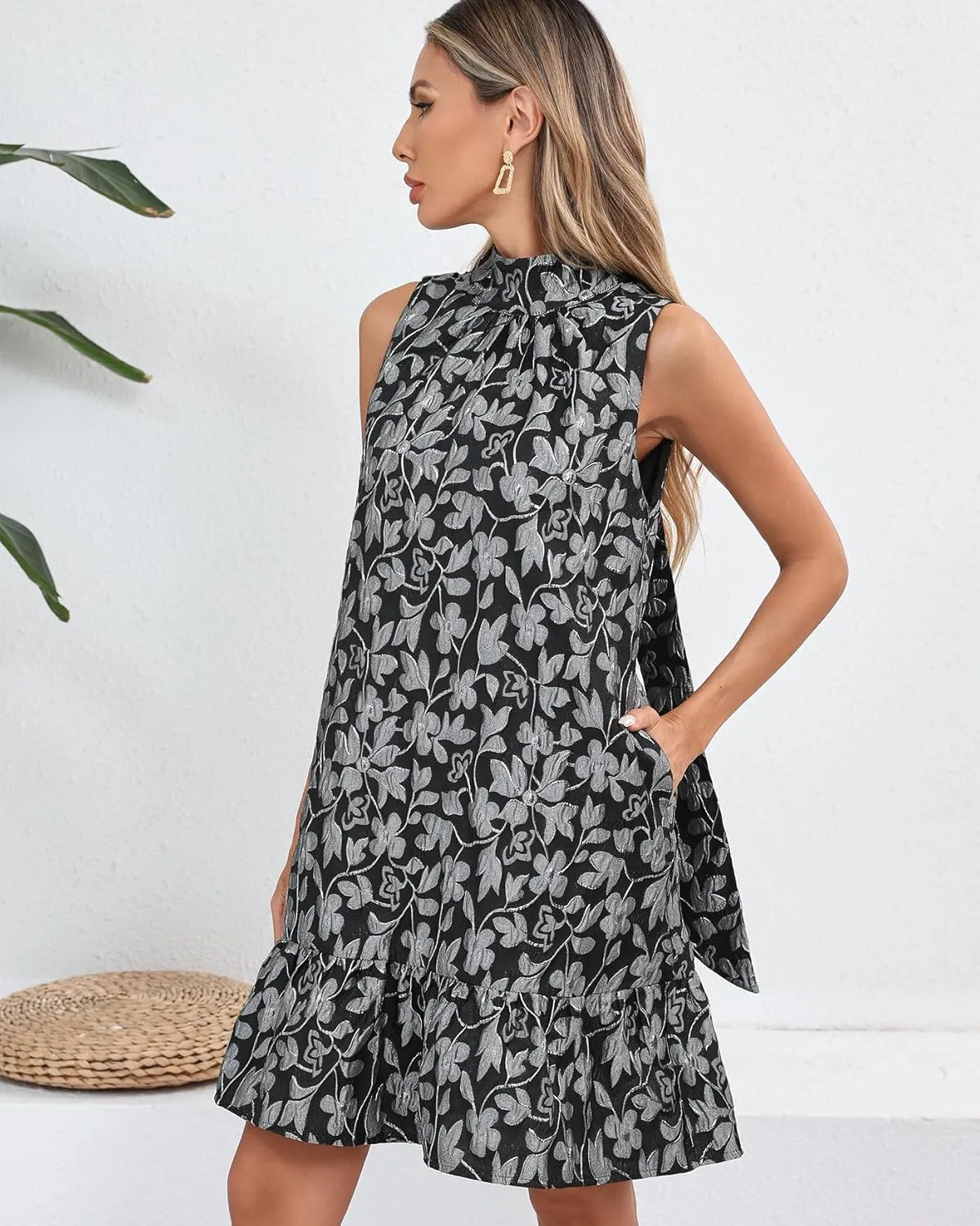 Women's Jacquard Tie Back Mini Swing Dress Mock Neck Sleeveless Ruffle Hem A-line Party Cocktail Dresses