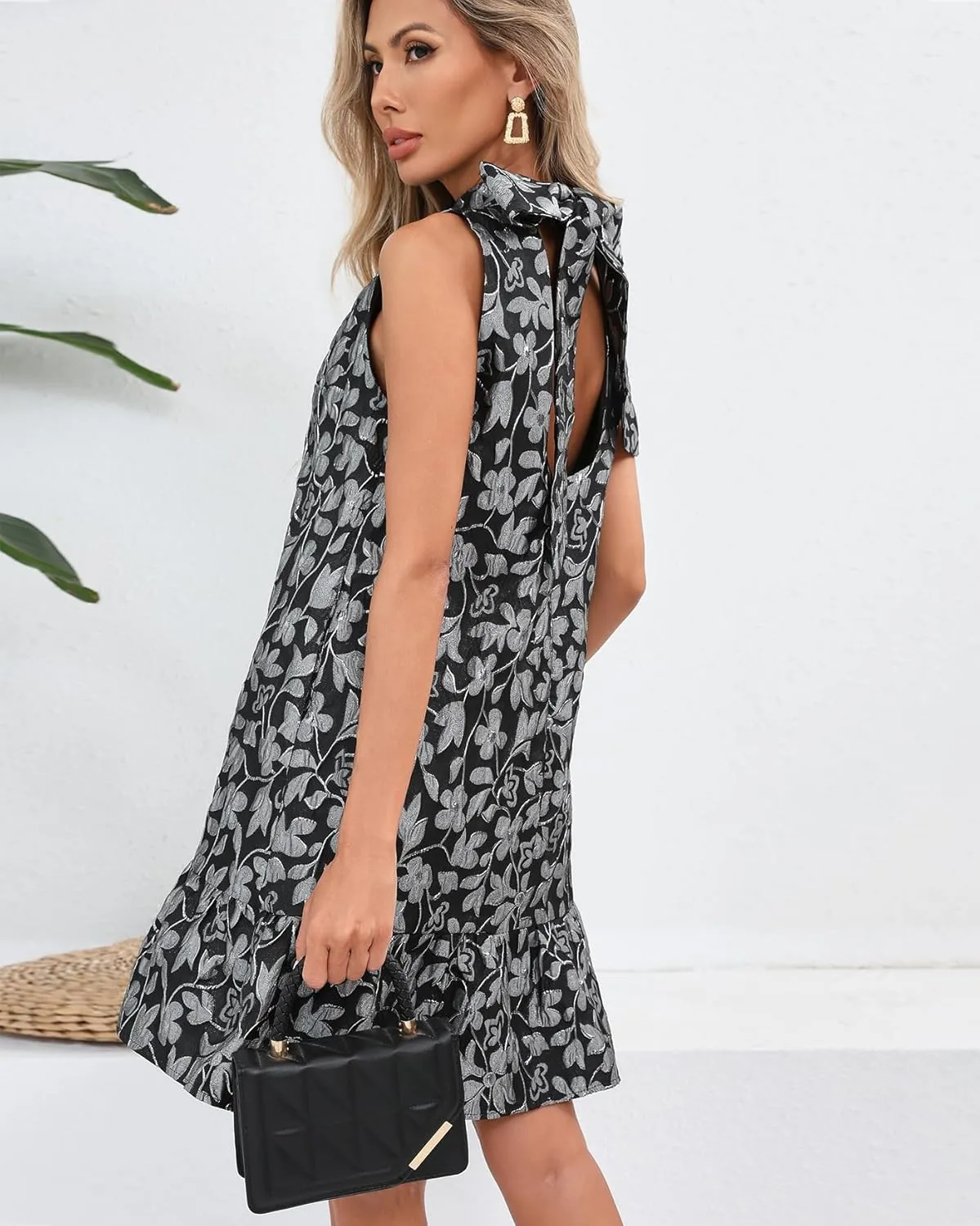 Women's Jacquard Tie Back Mini Swing Dress Mock Neck Sleeveless Ruffle Hem A-line Party Cocktail Dresses
