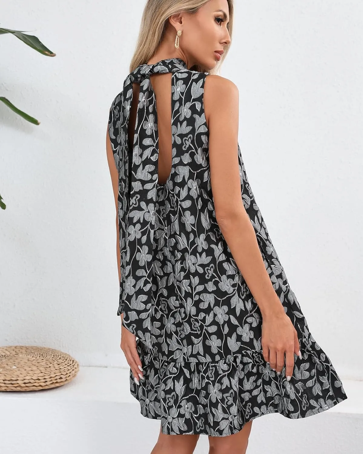 Women's Jacquard Tie Back Mini Swing Dress Mock Neck Sleeveless Ruffle Hem A-line Party Cocktail Dresses