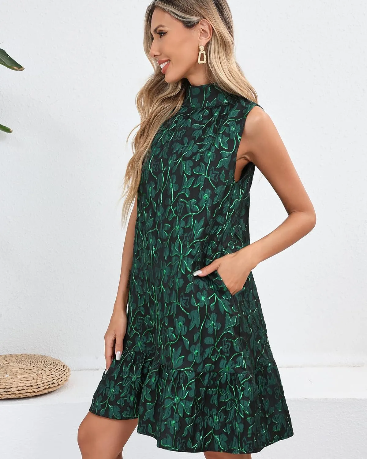 Women's Jacquard Tie Back Mini Swing Dress Mock Neck Sleeveless Ruffle Hem A-line Party Cocktail Dresses