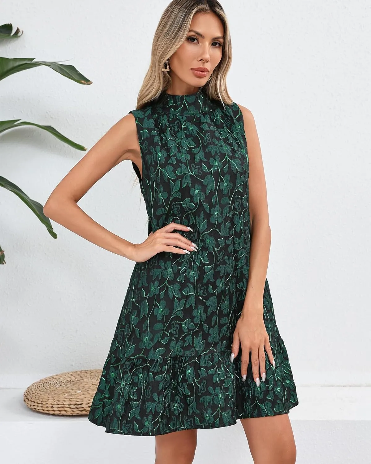 Women's Jacquard Tie Back Mini Swing Dress Mock Neck Sleeveless Ruffle Hem A-line Party Cocktail Dresses