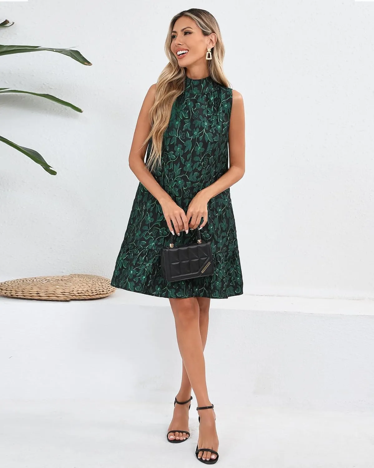 Women's Jacquard Tie Back Mini Swing Dress Mock Neck Sleeveless Ruffle Hem A-line Party Cocktail Dresses