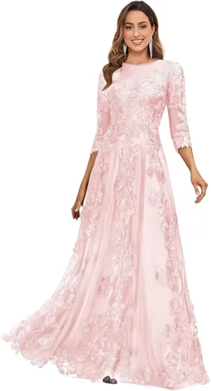 Women's Lace Appliques Mother of The Bride Dresses with 3/4 Sleeves Scoop Neck Beaded Formal Evening Gown