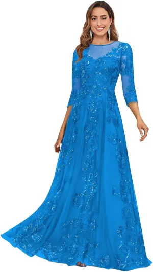 Women's Lace Appliques Mother of The Bride Dresses with 3/4 Sleeves Scoop Neck Beaded Formal Evening Gown