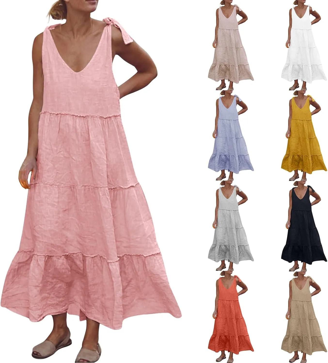 Womens Linen Maxi Dresses Spaghetti Strap V Neck Ruffle Tiered Summer Beach Dress Boho Flowy A Line Plus Size Sundress