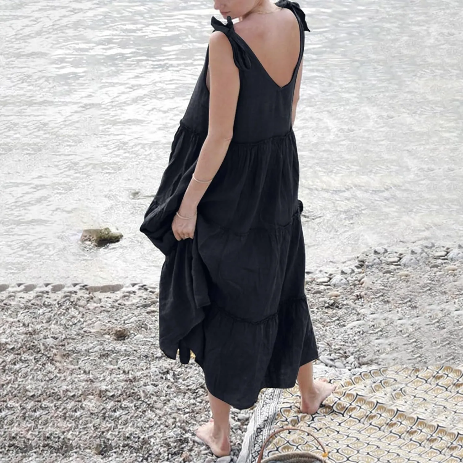 Womens Linen Maxi Dresses Spaghetti Strap V Neck Ruffle Tiered Summer Beach Dress Boho Flowy A Line Plus Size Sundress