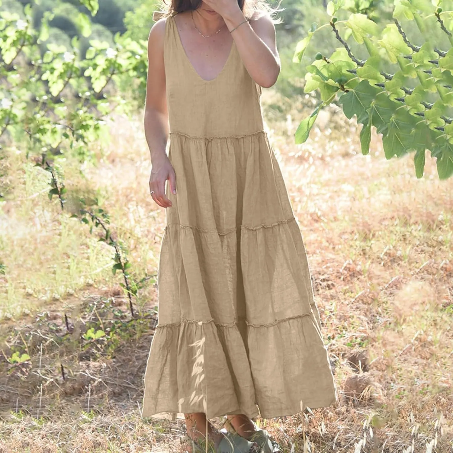 Womens Linen Maxi Dresses Spaghetti Strap V Neck Ruffle Tiered Summer Beach Dress Boho Flowy A Line Plus Size Sundress