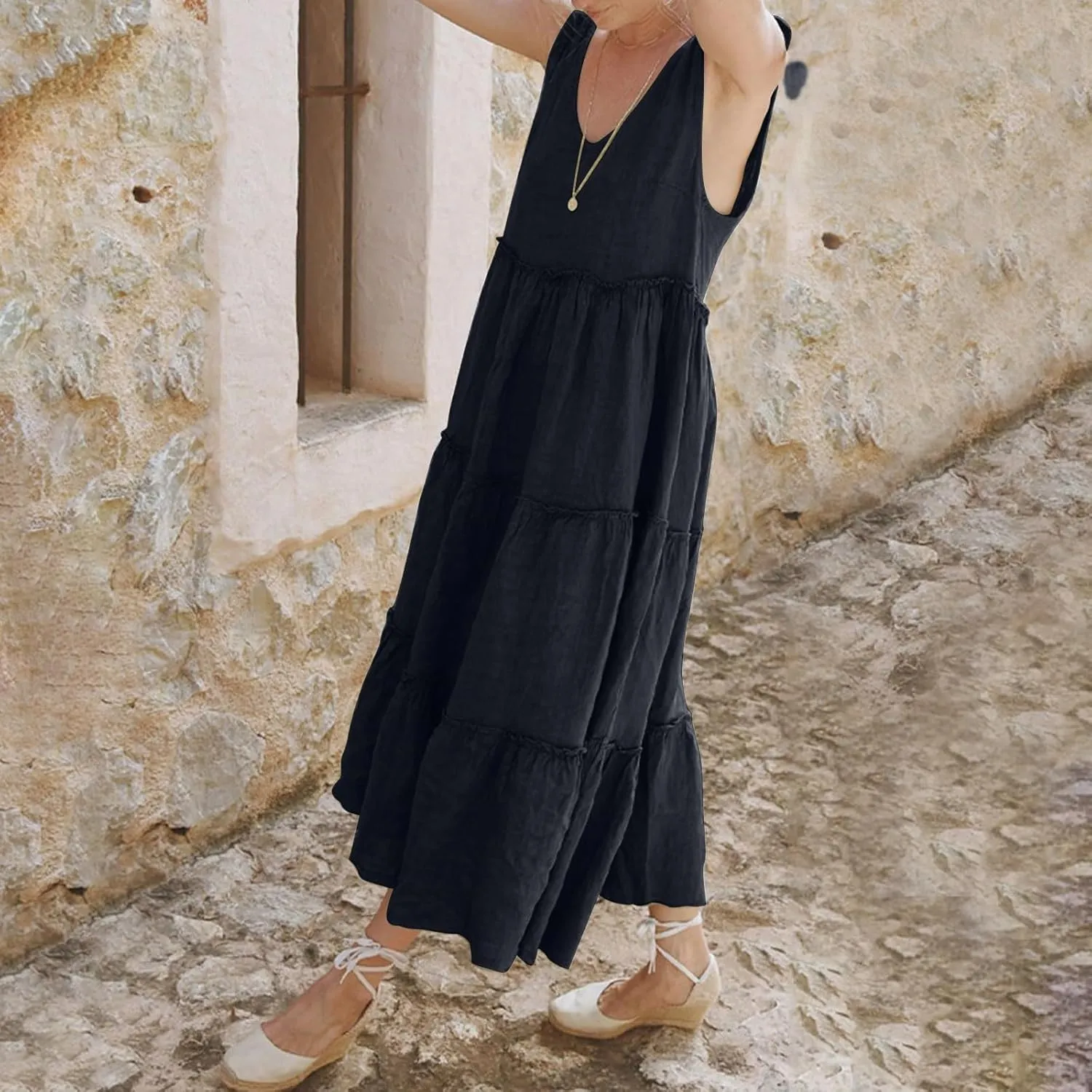 Womens Linen Maxi Dresses Spaghetti Strap V Neck Ruffle Tiered Summer Beach Dress Boho Flowy A Line Plus Size Sundress