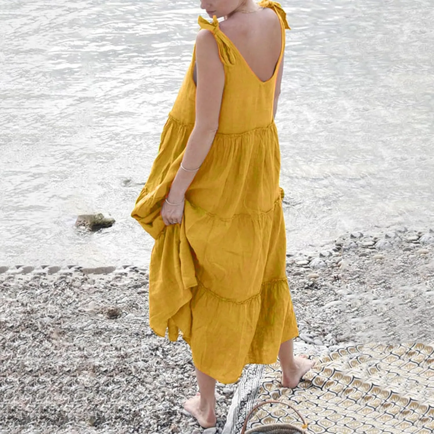 Womens Linen Maxi Dresses Spaghetti Strap V Neck Ruffle Tiered Summer Beach Dress Boho Flowy A Line Plus Size Sundress