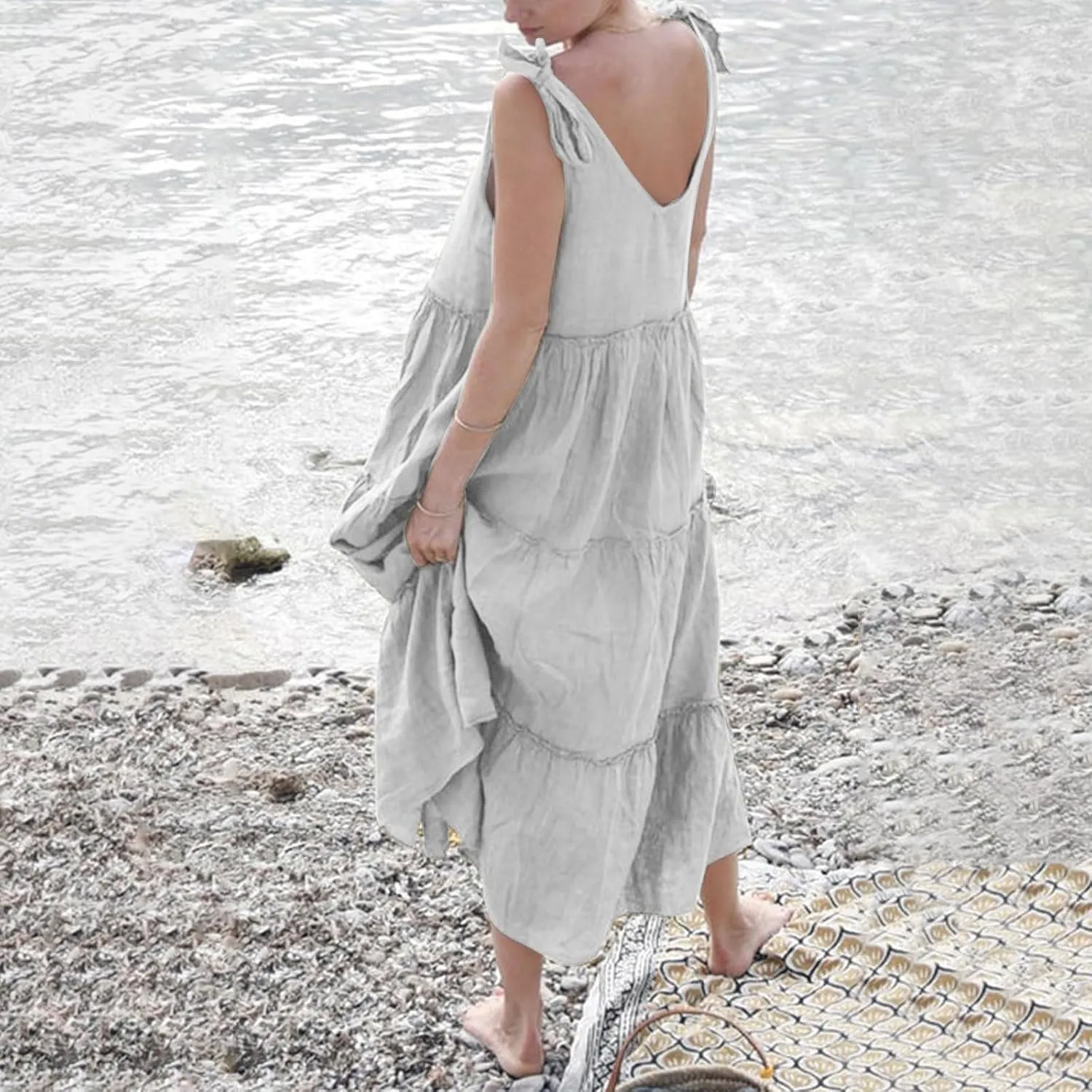 Womens Linen Maxi Dresses Spaghetti Strap V Neck Ruffle Tiered Summer Beach Dress Boho Flowy A Line Plus Size Sundress
