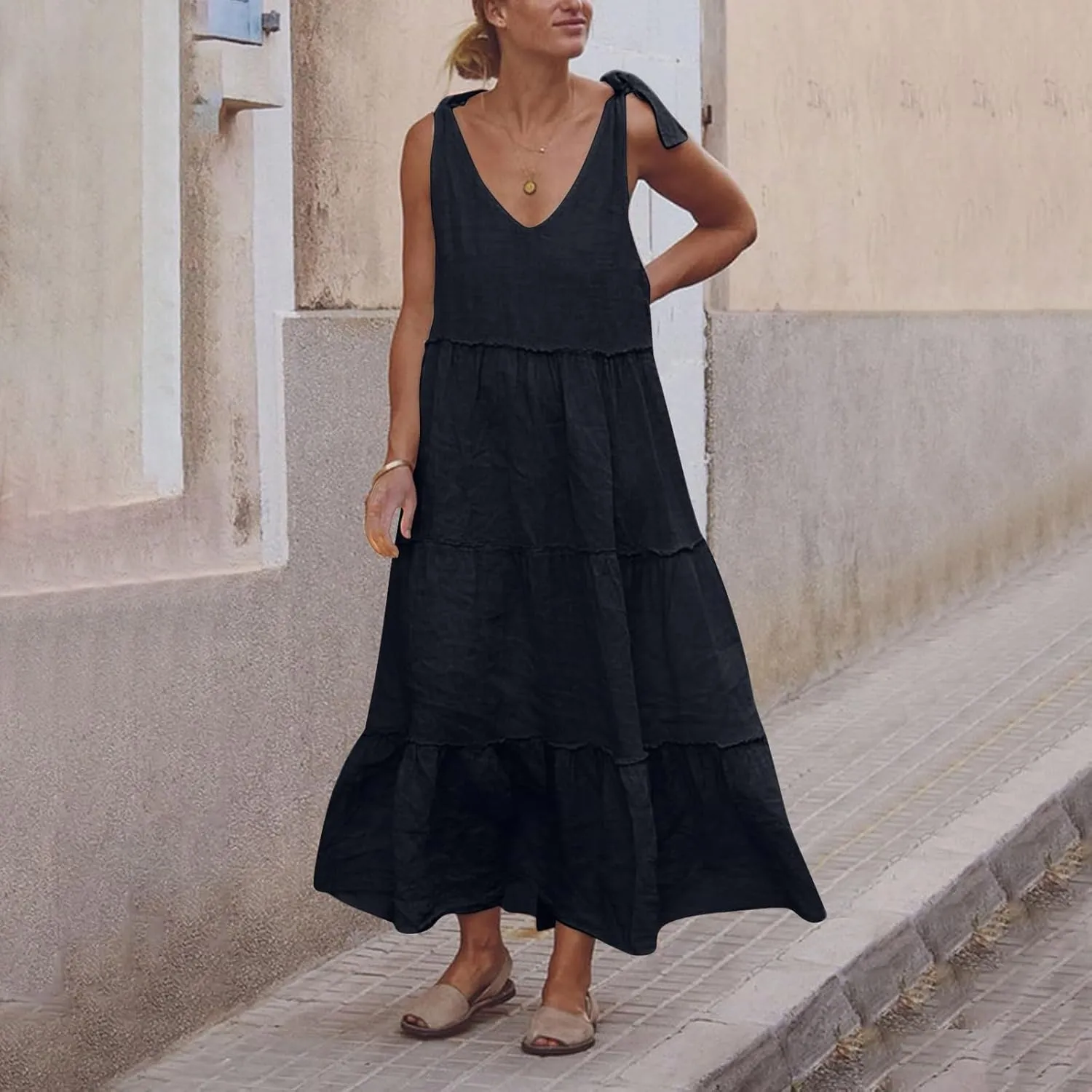 Womens Linen Maxi Dresses Spaghetti Strap V Neck Ruffle Tiered Summer Beach Dress Boho Flowy A Line Plus Size Sundress