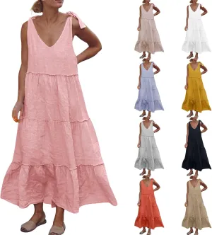 Womens Linen Maxi Dresses Spaghetti Strap V Neck Ruffle Tiered Summer Beach Dress Boho Flowy A Line Plus Size Sundress