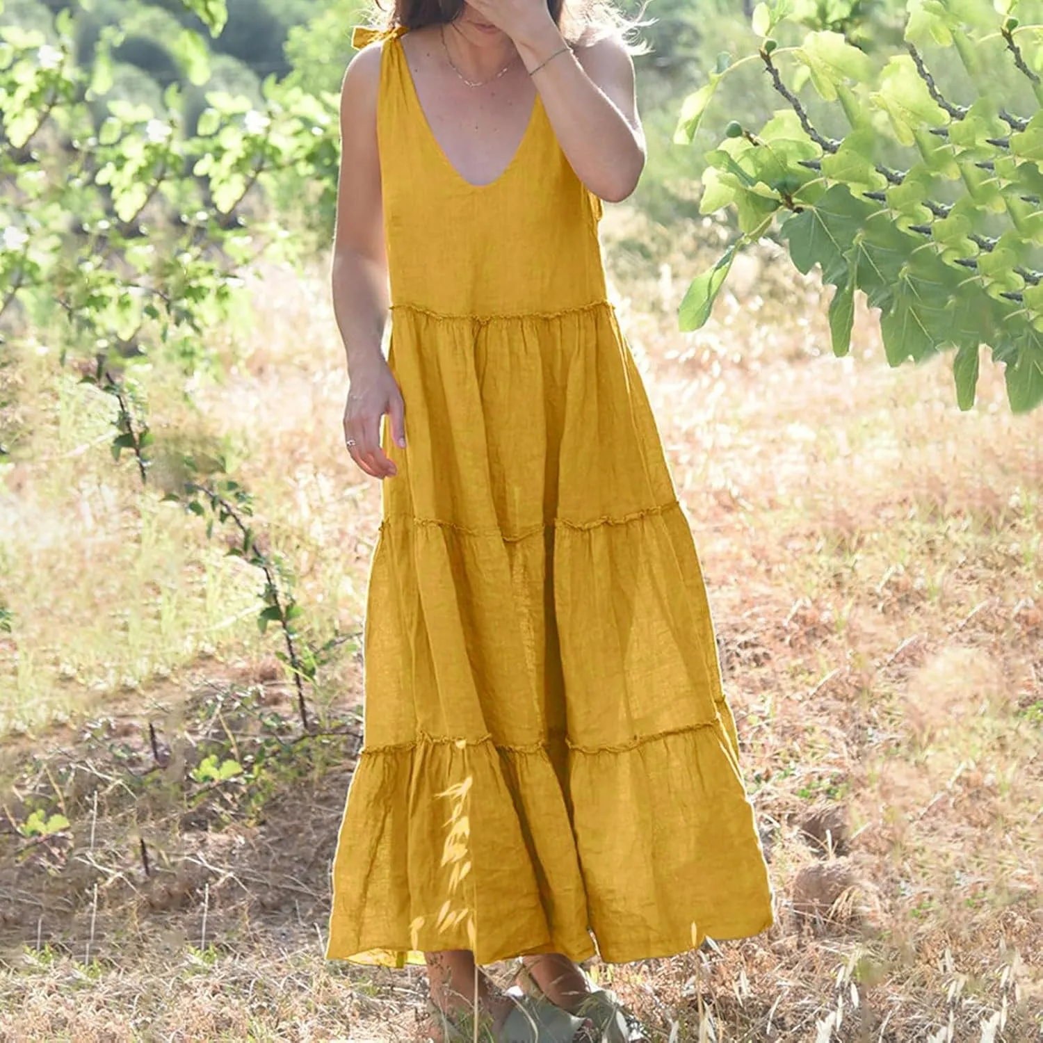 Womens Linen Maxi Dresses Spaghetti Strap V Neck Ruffle Tiered Summer Beach Dress Boho Flowy A Line Plus Size Sundress