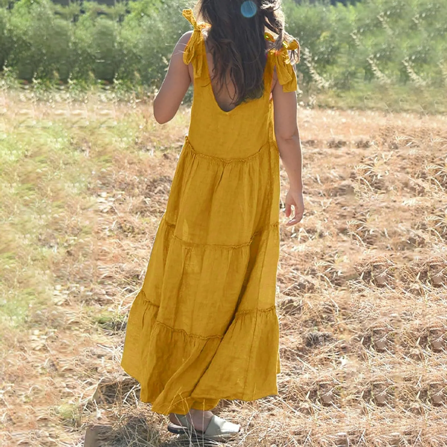 Womens Linen Maxi Dresses Spaghetti Strap V Neck Ruffle Tiered Summer Beach Dress Boho Flowy A Line Plus Size Sundress