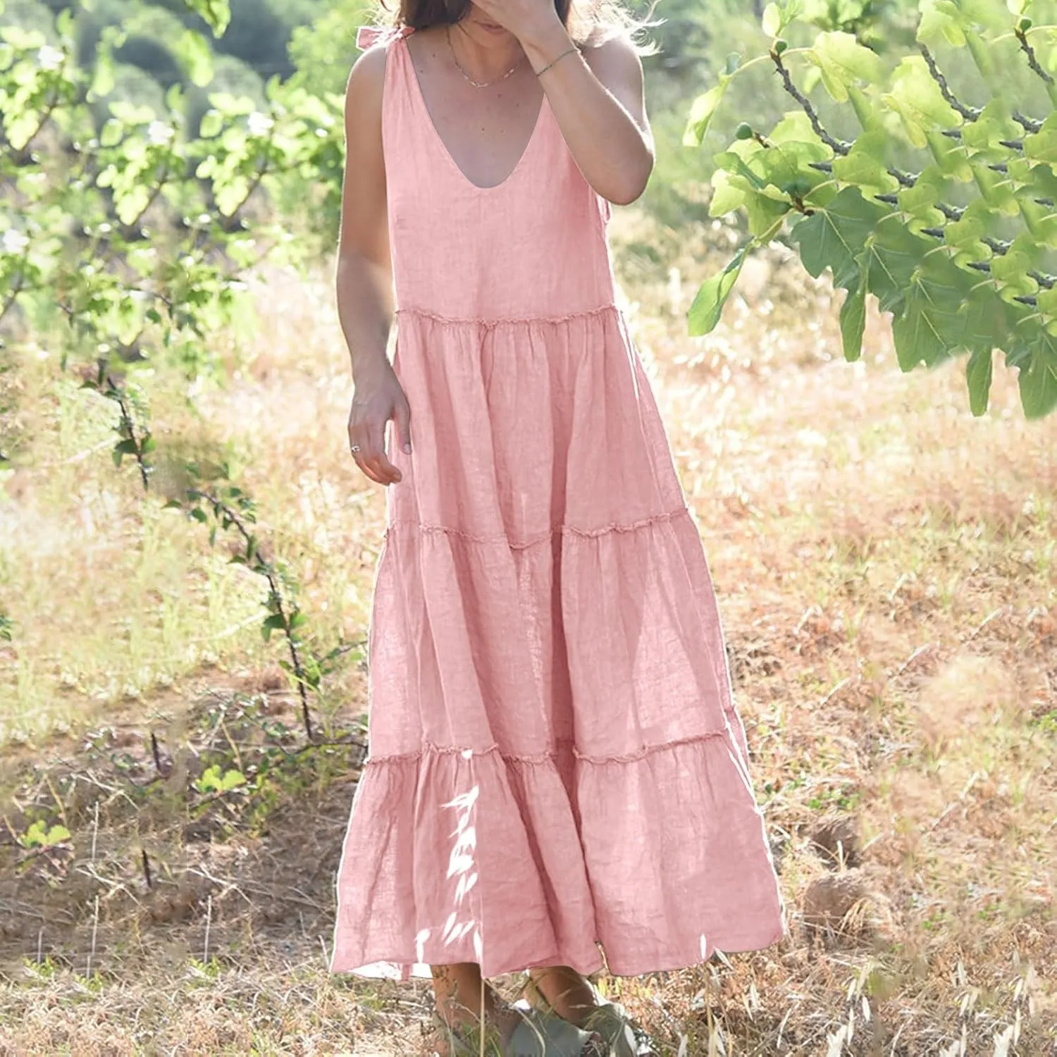 Womens Linen Maxi Dresses Spaghetti Strap V Neck Ruffle Tiered Summer Beach Dress Boho Flowy A Line Plus Size Sundress