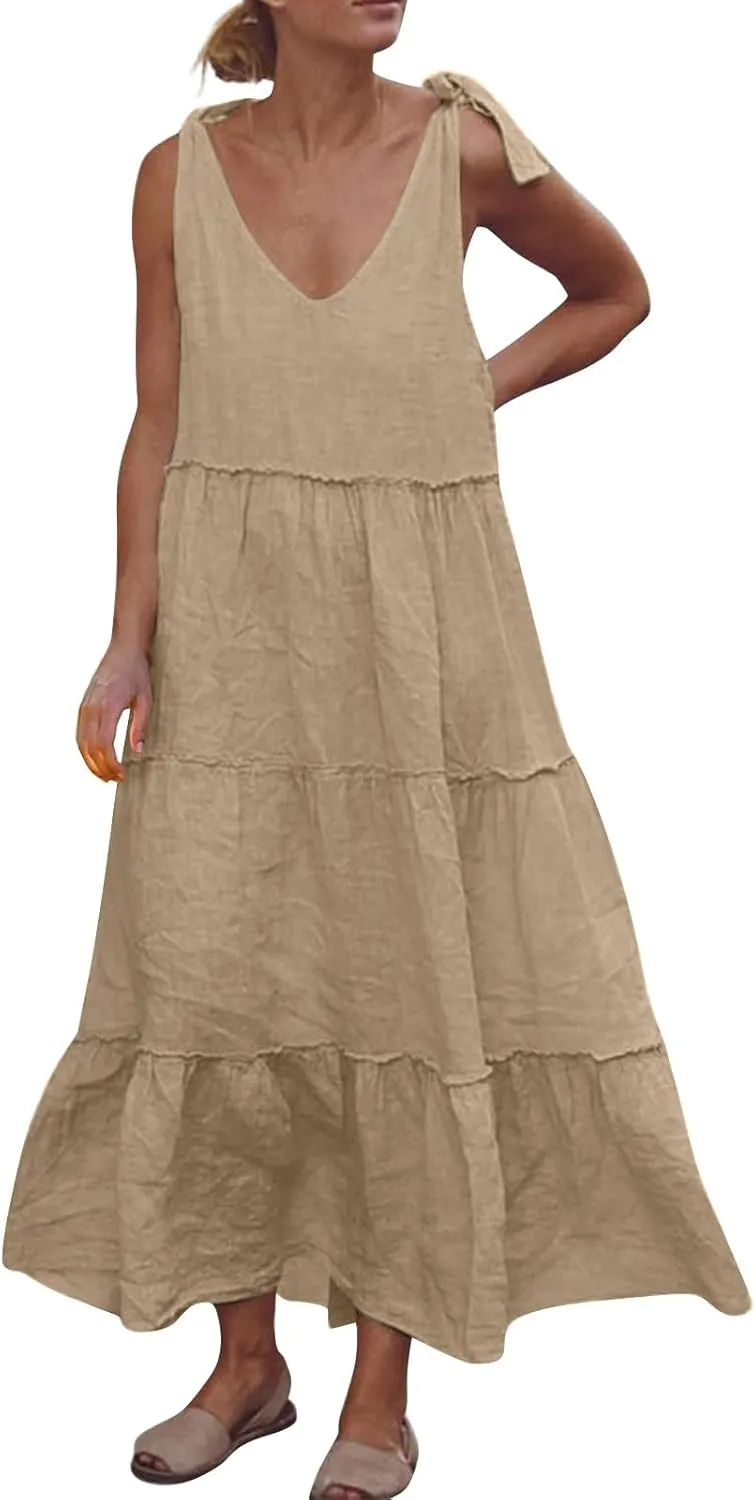 Womens Linen Maxi Dresses Spaghetti Strap V Neck Ruffle Tiered Summer Beach Dress Boho Flowy A Line Plus Size Sundress