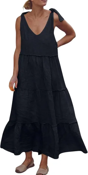 Womens Linen Maxi Dresses Spaghetti Strap V Neck Ruffle Tiered Summer Beach Dress Boho Flowy A Line Plus Size Sundress
