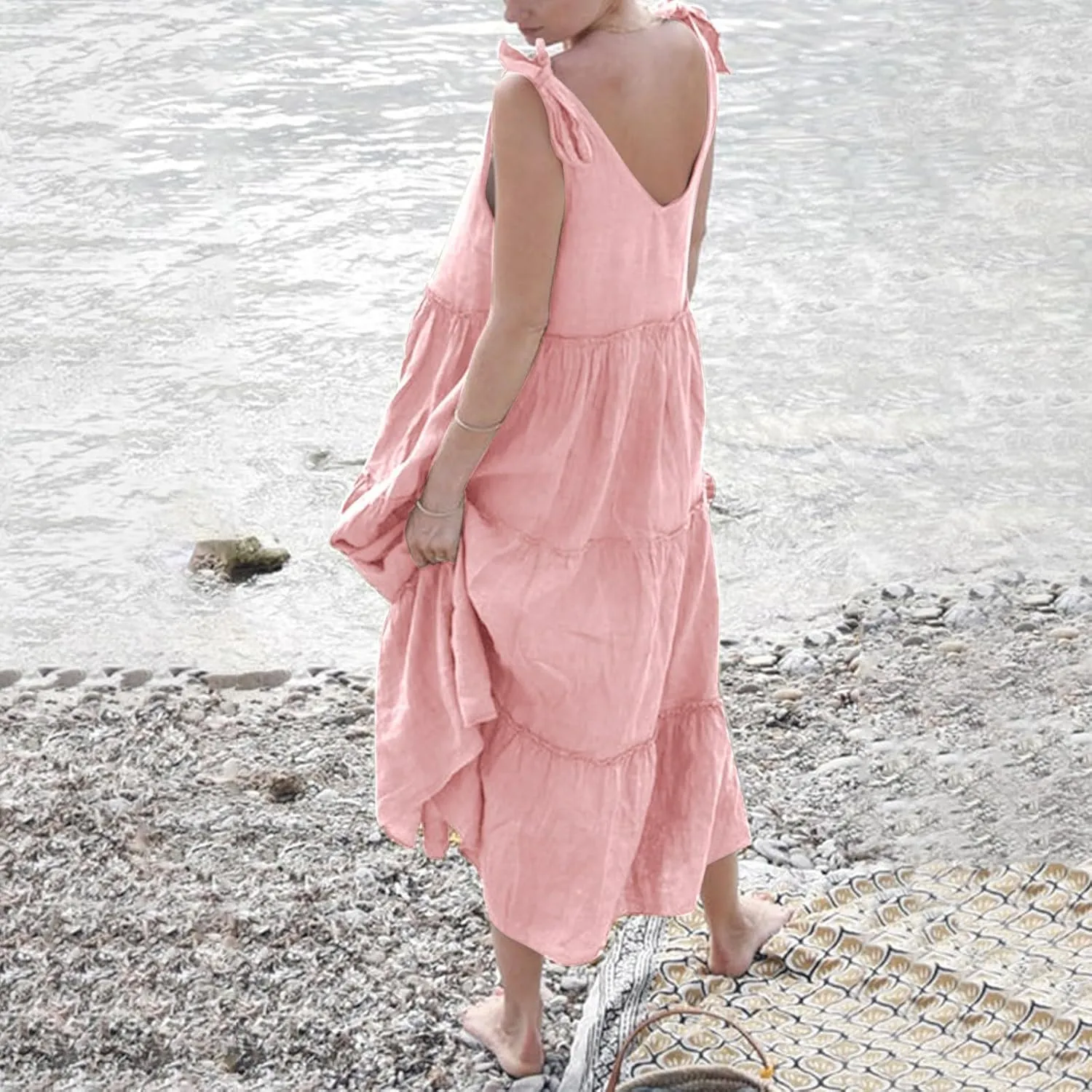 Womens Linen Maxi Dresses Spaghetti Strap V Neck Ruffle Tiered Summer Beach Dress Boho Flowy A Line Plus Size Sundress