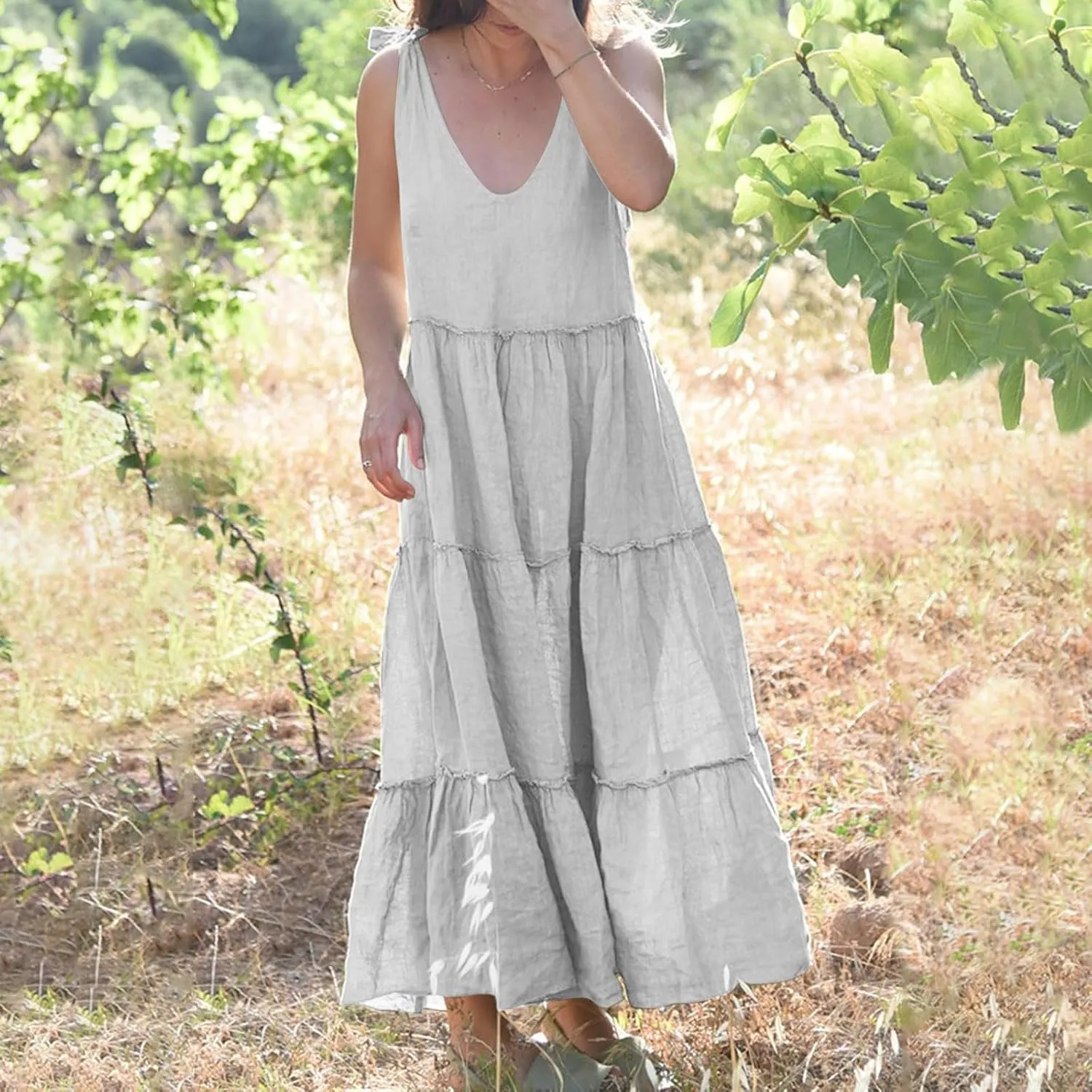 Womens Linen Maxi Dresses Spaghetti Strap V Neck Ruffle Tiered Summer Beach Dress Boho Flowy A Line Plus Size Sundress