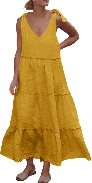 Womens Linen Maxi Dresses Spaghetti Strap V Neck Ruffle Tiered Summer Beach Dress Boho Flowy A Line Plus Size Sundress