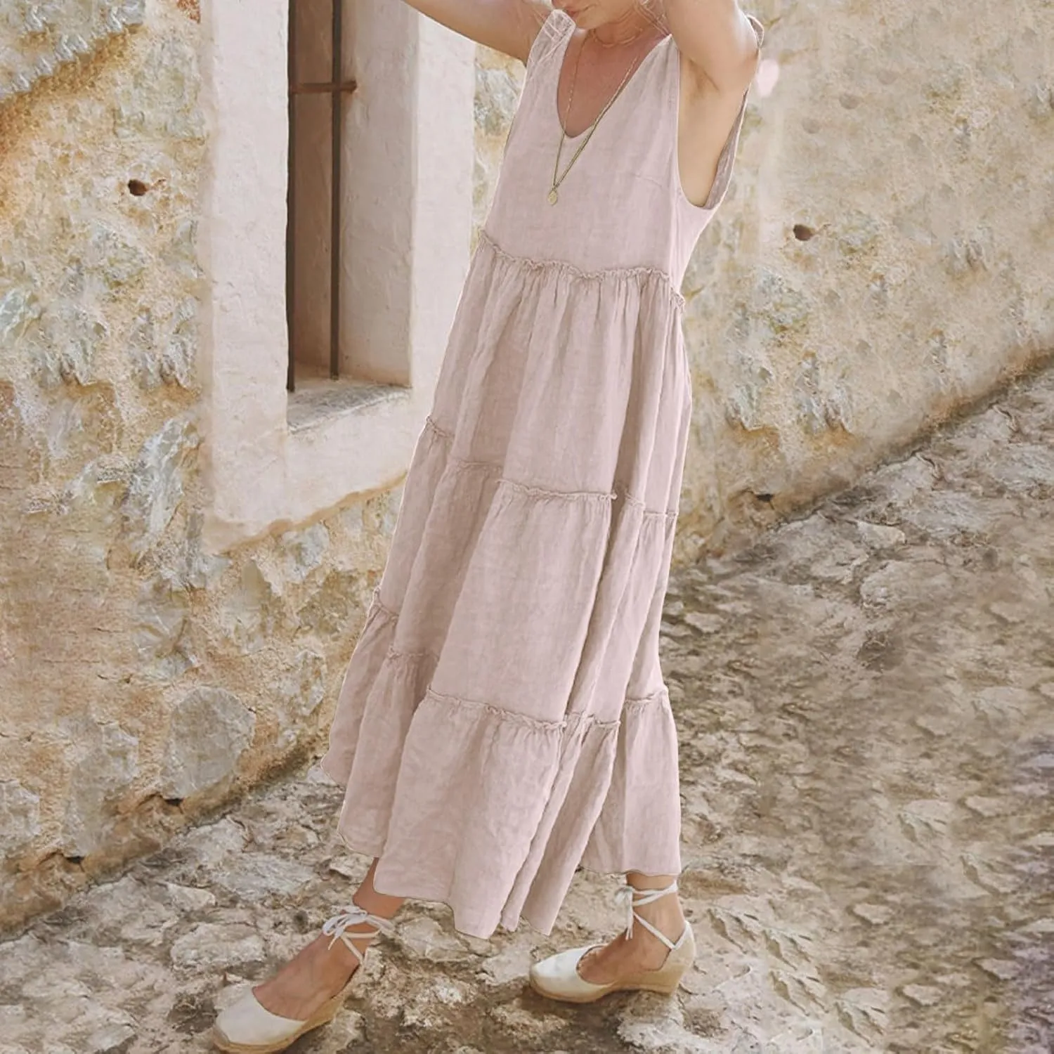 Womens Linen Maxi Dresses Spaghetti Strap V Neck Ruffle Tiered Summer Beach Dress Boho Flowy A Line Plus Size Sundress