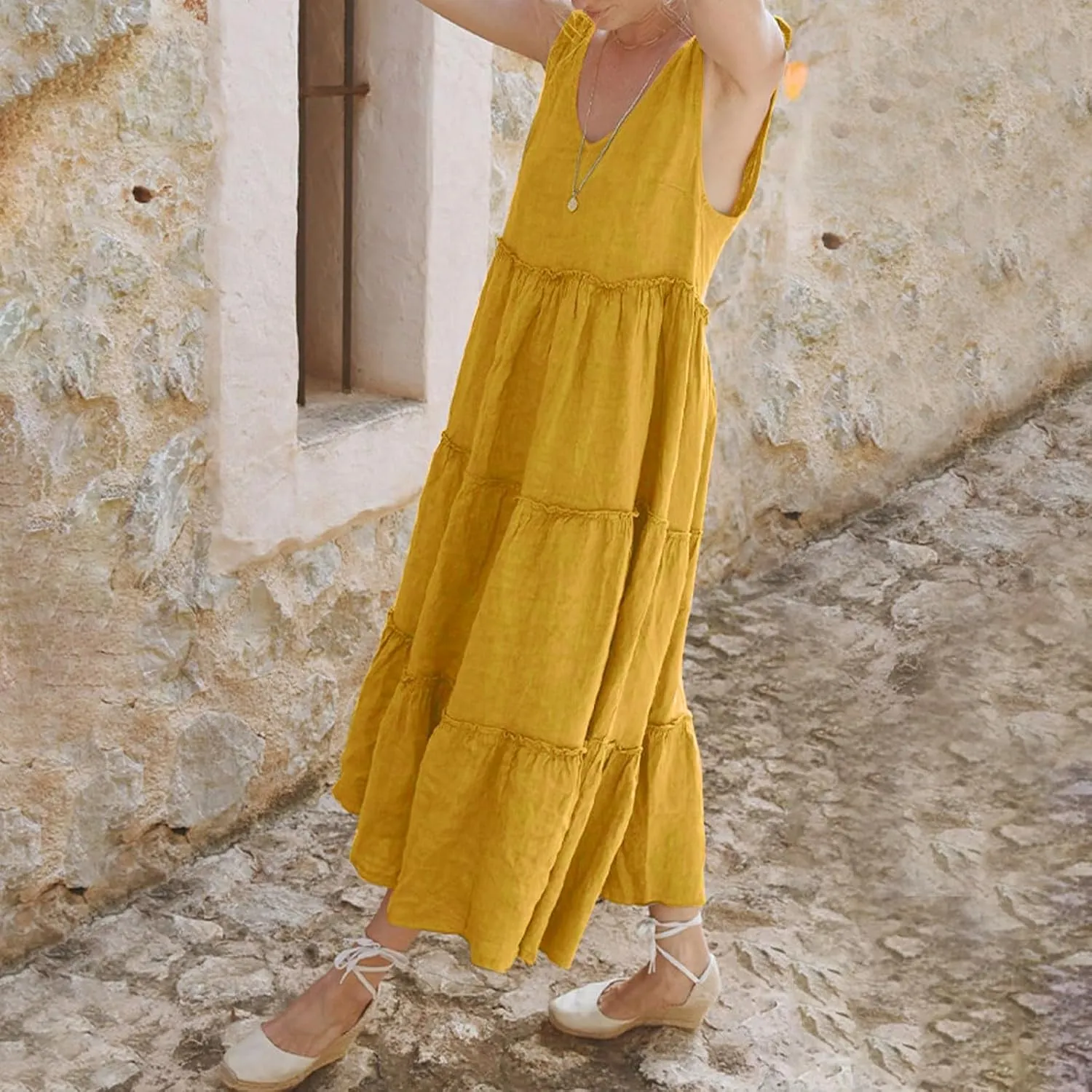Womens Linen Maxi Dresses Spaghetti Strap V Neck Ruffle Tiered Summer Beach Dress Boho Flowy A Line Plus Size Sundress