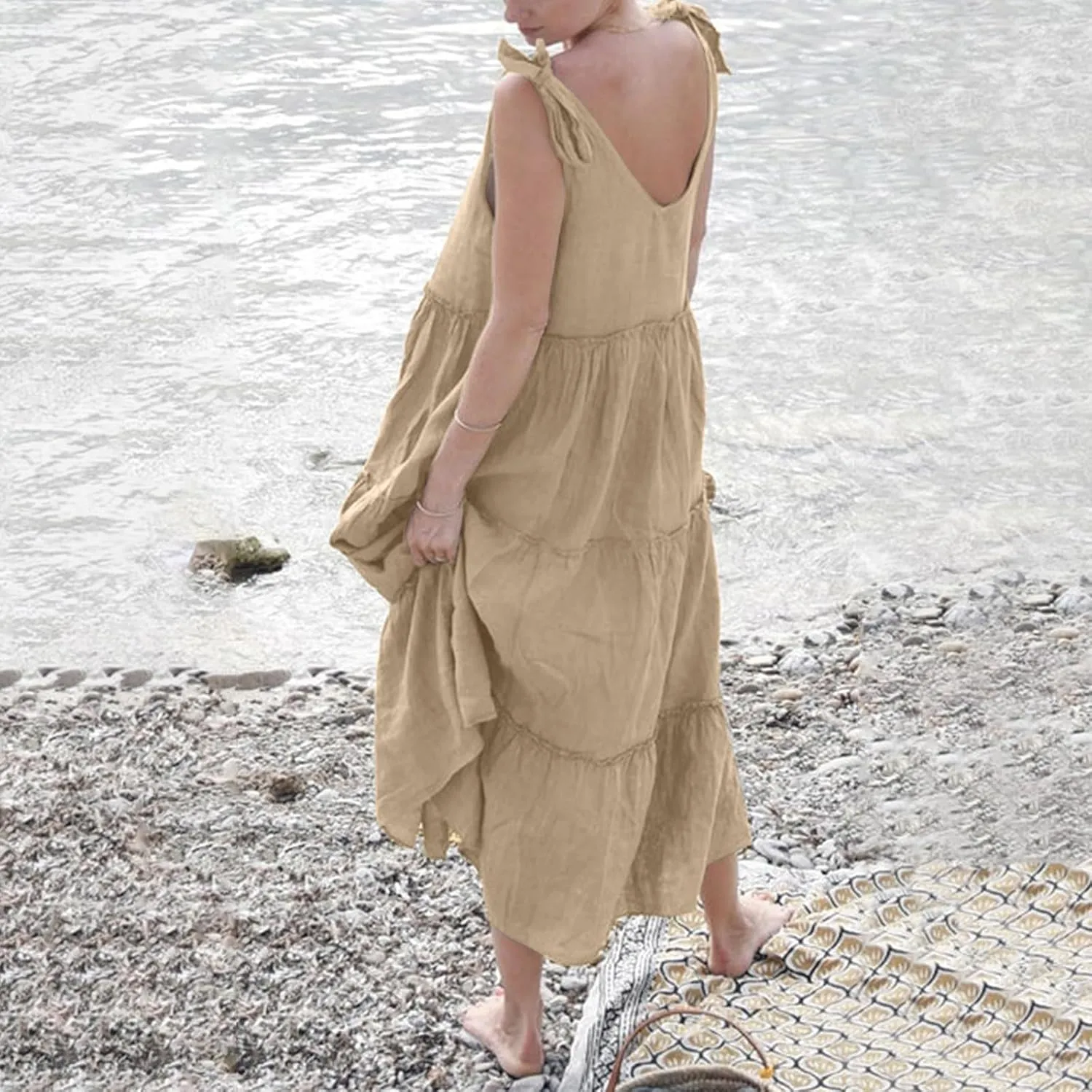 Womens Linen Maxi Dresses Spaghetti Strap V Neck Ruffle Tiered Summer Beach Dress Boho Flowy A Line Plus Size Sundress
