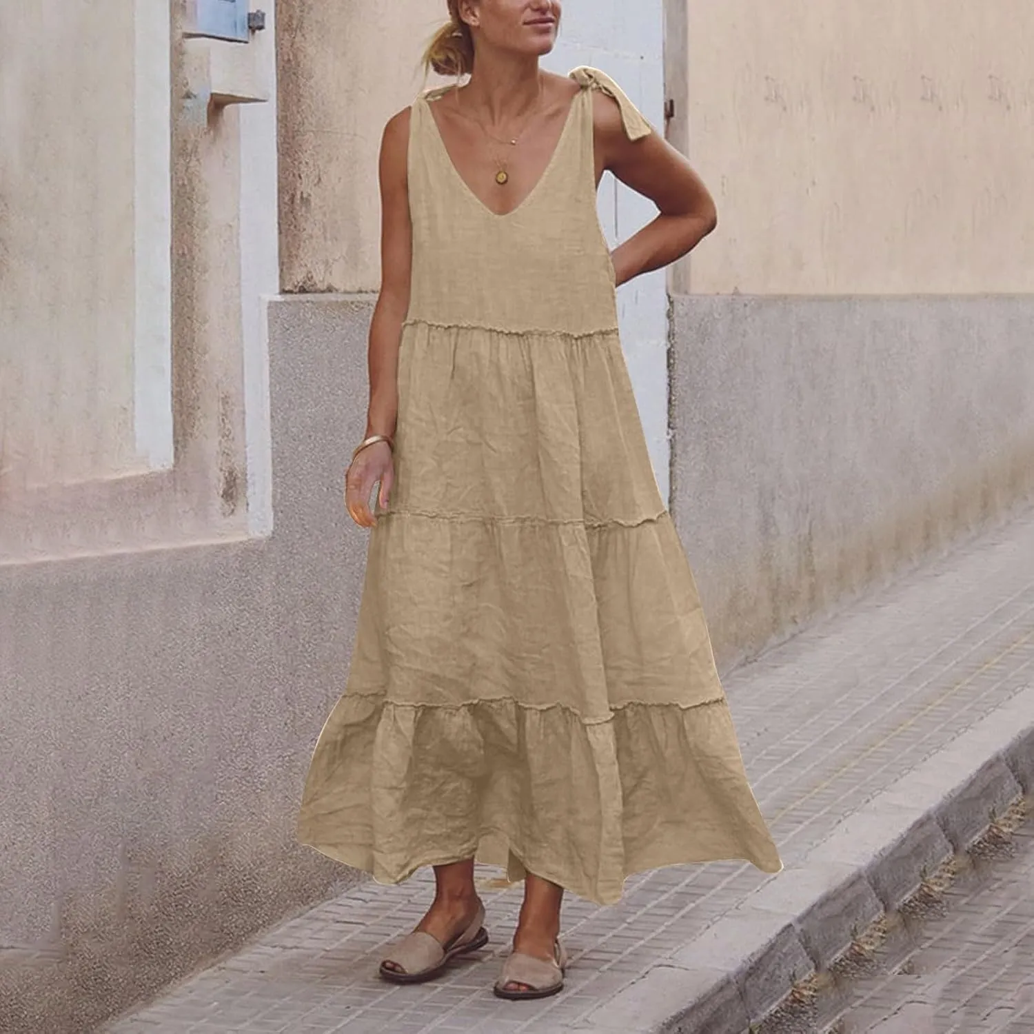 Womens Linen Maxi Dresses Spaghetti Strap V Neck Ruffle Tiered Summer Beach Dress Boho Flowy A Line Plus Size Sundress