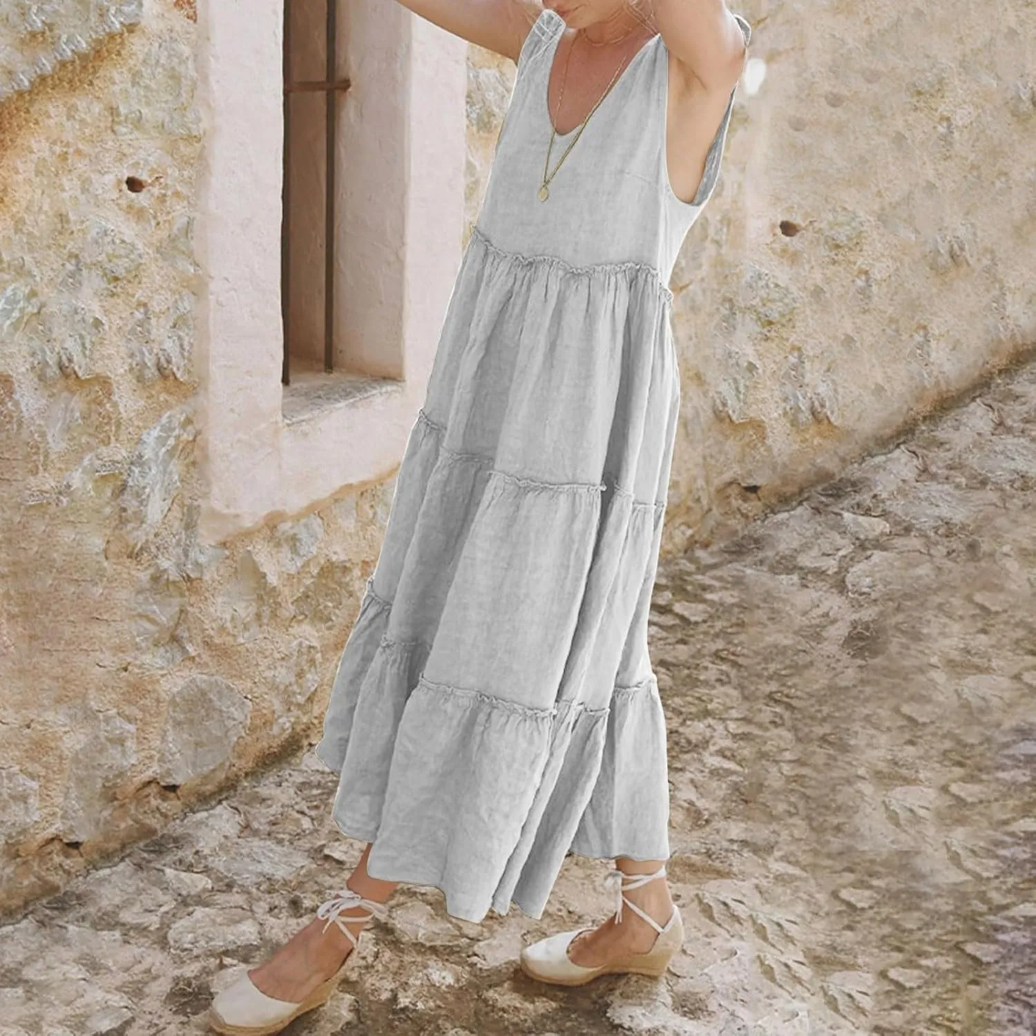 Womens Linen Maxi Dresses Spaghetti Strap V Neck Ruffle Tiered Summer Beach Dress Boho Flowy A Line Plus Size Sundress