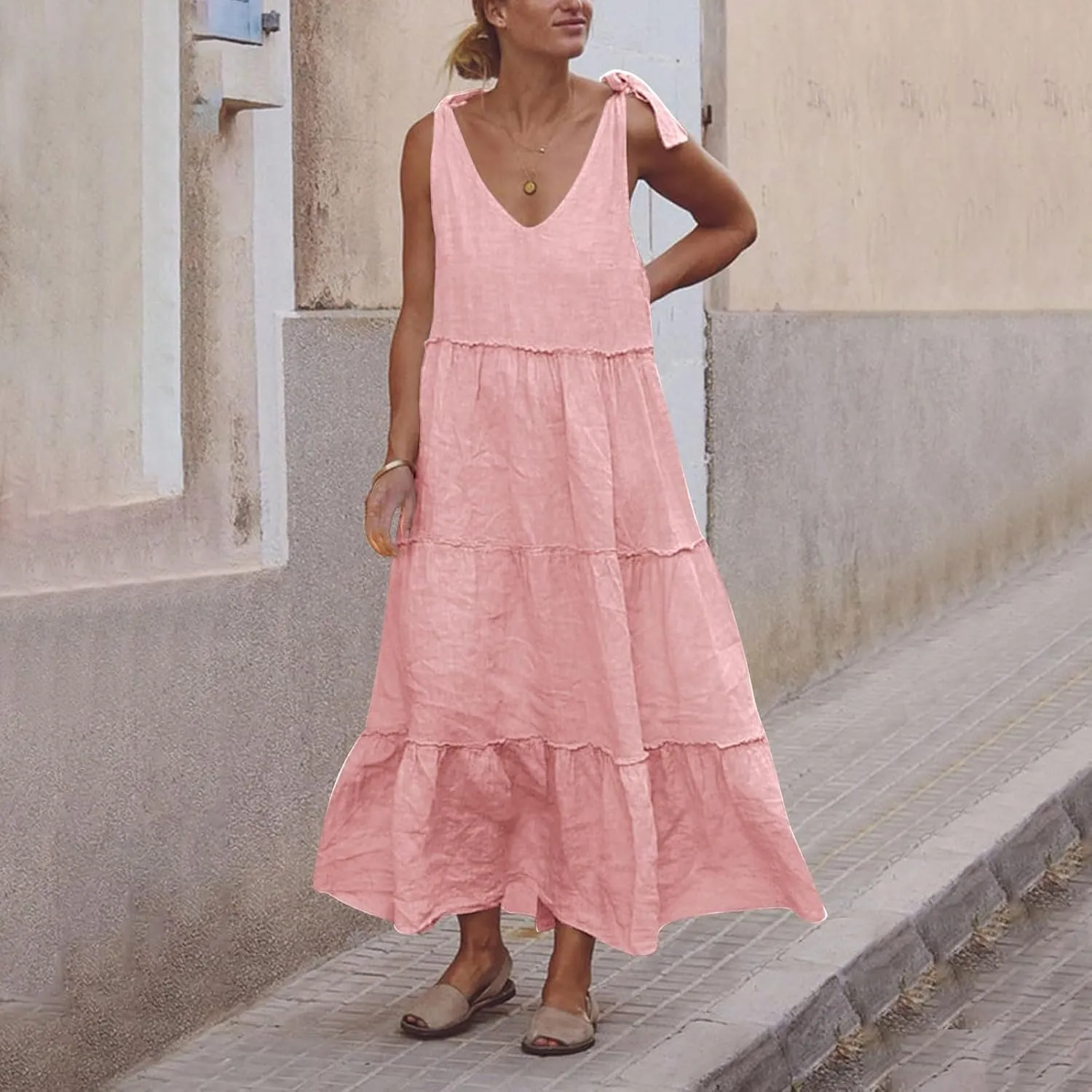 Womens Linen Maxi Dresses Spaghetti Strap V Neck Ruffle Tiered Summer Beach Dress Boho Flowy A Line Plus Size Sundress
