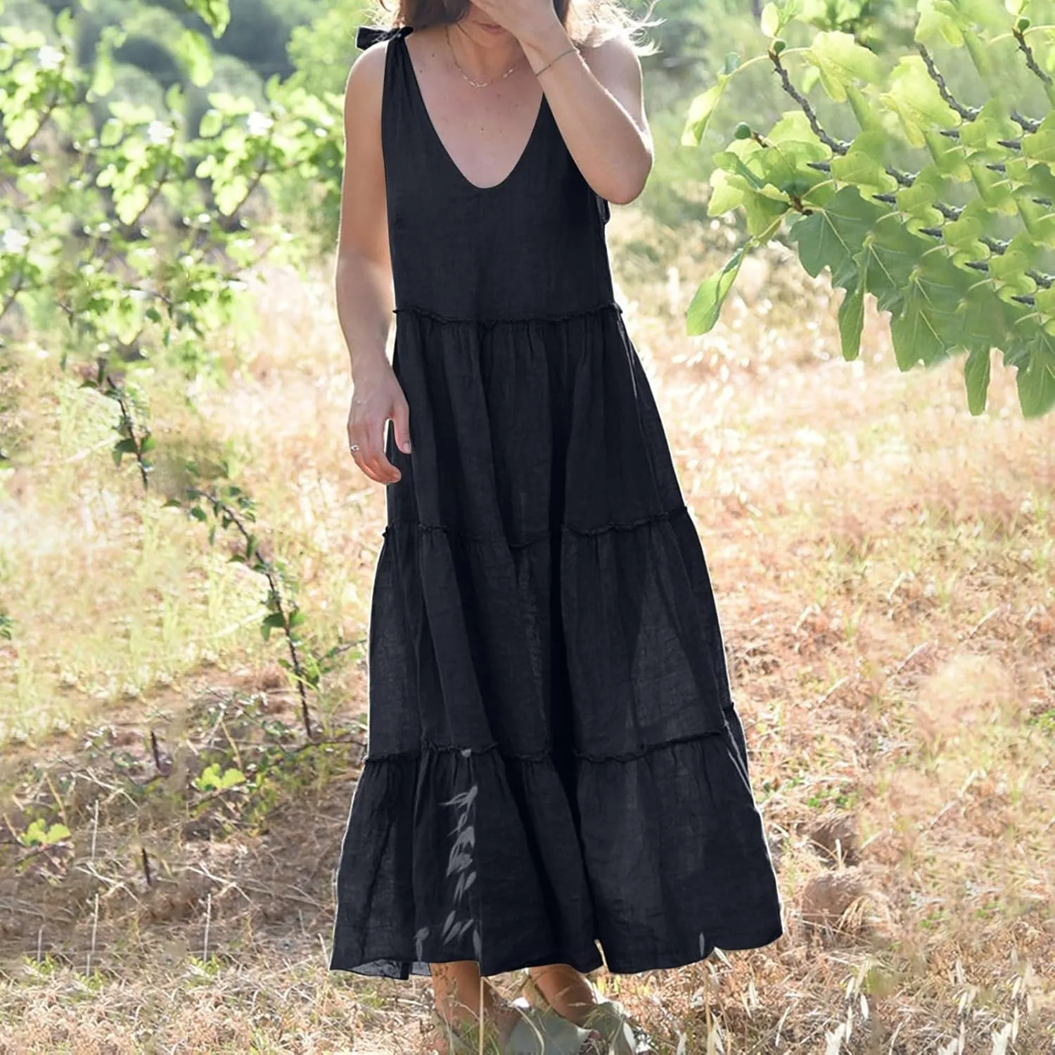 Womens Linen Maxi Dresses Spaghetti Strap V Neck Ruffle Tiered Summer Beach Dress Boho Flowy A Line Plus Size Sundress