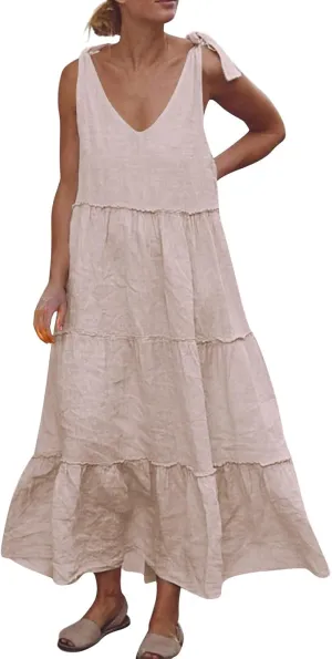 Womens Linen Maxi Dresses Spaghetti Strap V Neck Ruffle Tiered Summer Beach Dress Boho Flowy A Line Plus Size Sundress