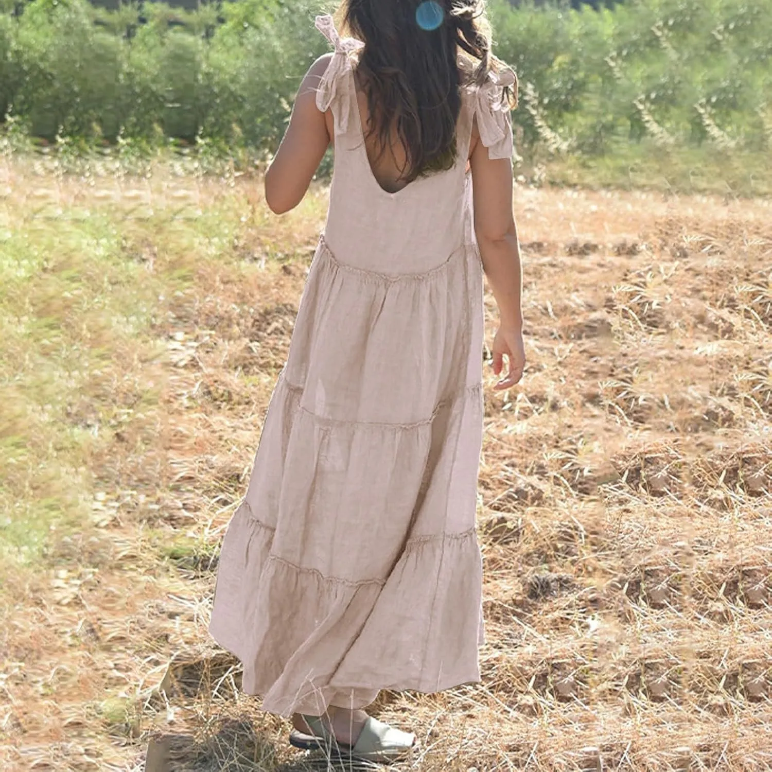 Womens Linen Maxi Dresses Spaghetti Strap V Neck Ruffle Tiered Summer Beach Dress Boho Flowy A Line Plus Size Sundress