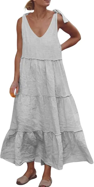 Womens Linen Maxi Dresses Spaghetti Strap V Neck Ruffle Tiered Summer Beach Dress Boho Flowy A Line Plus Size Sundress