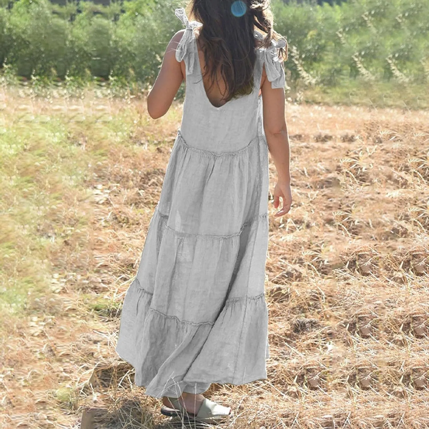 Womens Linen Maxi Dresses Spaghetti Strap V Neck Ruffle Tiered Summer Beach Dress Boho Flowy A Line Plus Size Sundress