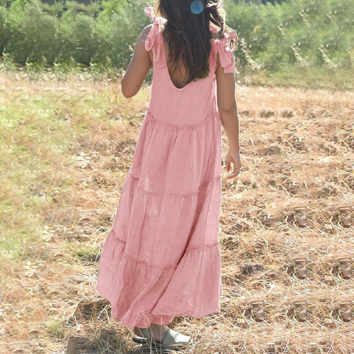 Womens Linen Maxi Dresses Spaghetti Strap V Neck Ruffle Tiered Summer Beach Dress Boho Flowy A Line Plus Size Sundress