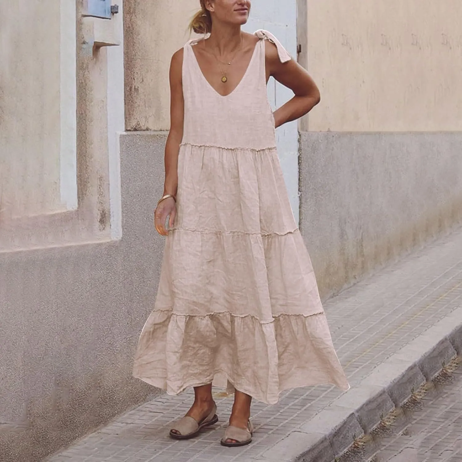 Womens Linen Maxi Dresses Spaghetti Strap V Neck Ruffle Tiered Summer Beach Dress Boho Flowy A Line Plus Size Sundress