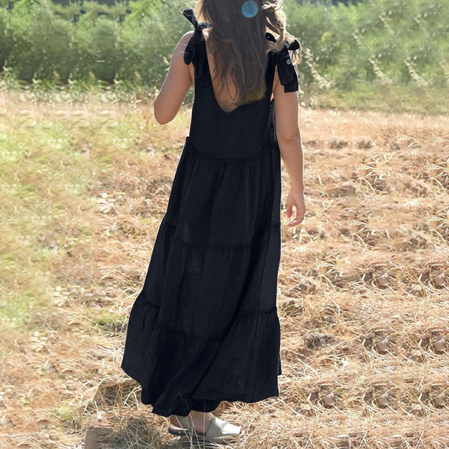 Womens Linen Maxi Dresses Spaghetti Strap V Neck Ruffle Tiered Summer Beach Dress Boho Flowy A Line Plus Size Sundress
