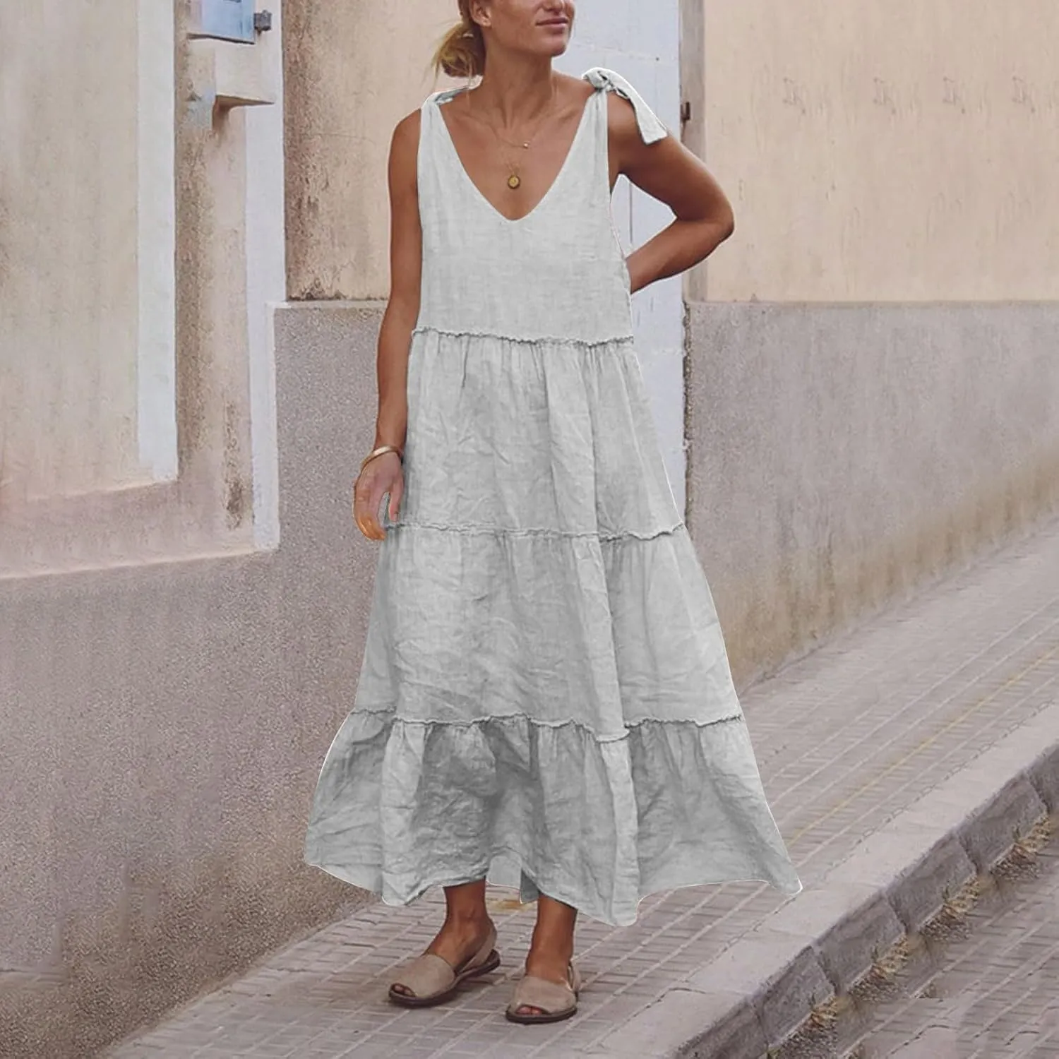 Womens Linen Maxi Dresses Spaghetti Strap V Neck Ruffle Tiered Summer Beach Dress Boho Flowy A Line Plus Size Sundress