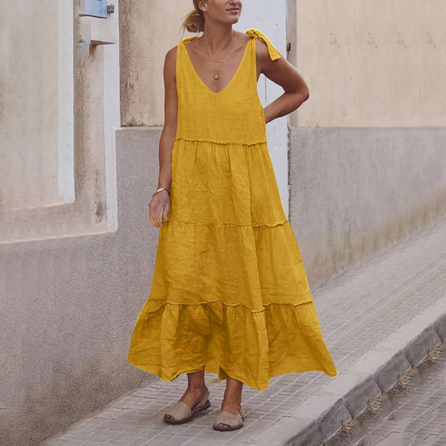 Womens Linen Maxi Dresses Spaghetti Strap V Neck Ruffle Tiered Summer Beach Dress Boho Flowy A Line Plus Size Sundress