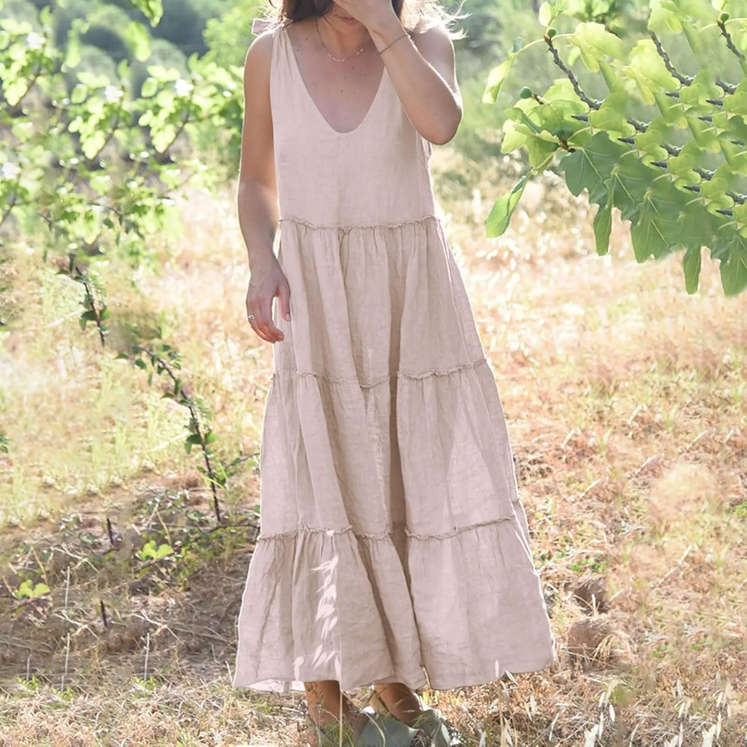 Womens Linen Maxi Dresses Spaghetti Strap V Neck Ruffle Tiered Summer Beach Dress Boho Flowy A Line Plus Size Sundress