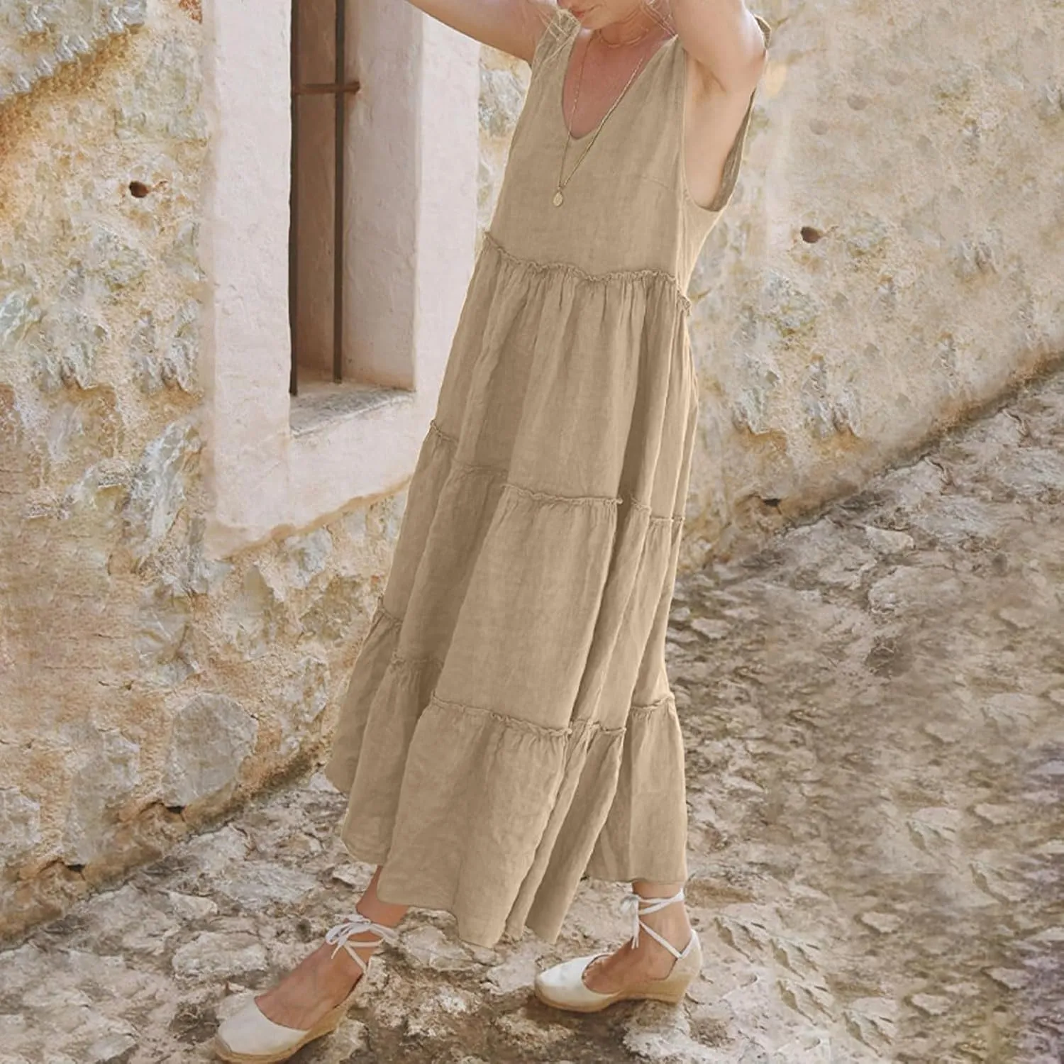 Womens Linen Maxi Dresses Spaghetti Strap V Neck Ruffle Tiered Summer Beach Dress Boho Flowy A Line Plus Size Sundress
